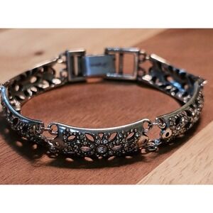 Brighton Silver Tone Floral Filigree Crystal Link Bracelet